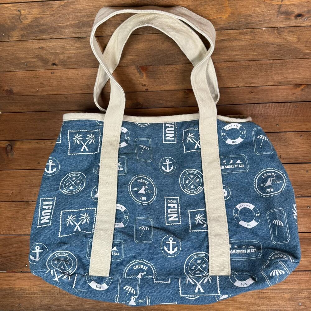 Carnival Cruise Line The Fun Ship Choose Fun Blue Beige Canvas Tote Bag Travel
